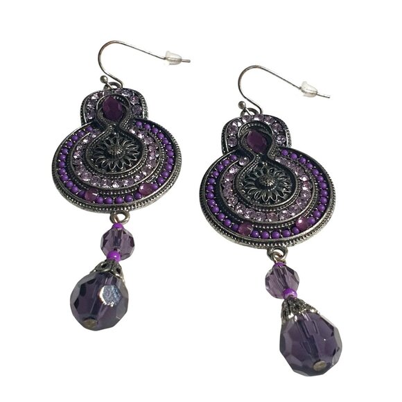 Vintage Purple Beaded Dangle Earrings Intricate Metalwork Drop Design Crystal Ac - Picture 2 of 5